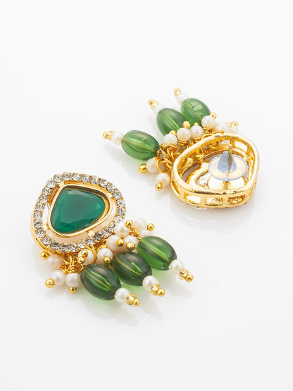 Aadita Gold Plated Long Pearl Necklace Set with Green Stone Pendant and Earrings