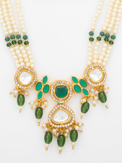 Aadita Gold Plated Long Pearl Necklace Set with Green Stone Pendant and Earrings