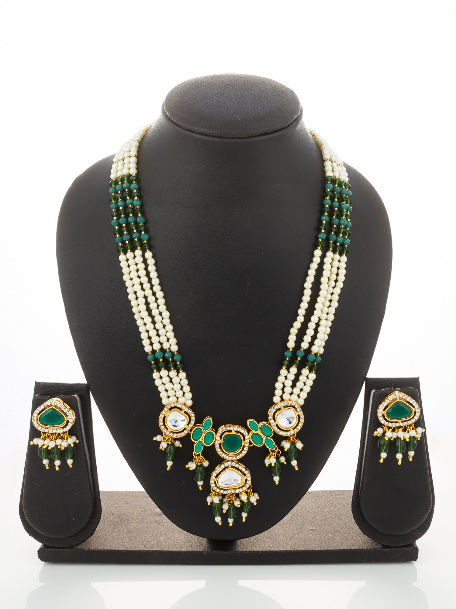 Aadita Gold Plated Long Pearl Necklace Set with Green Stone Pendant and Earrings