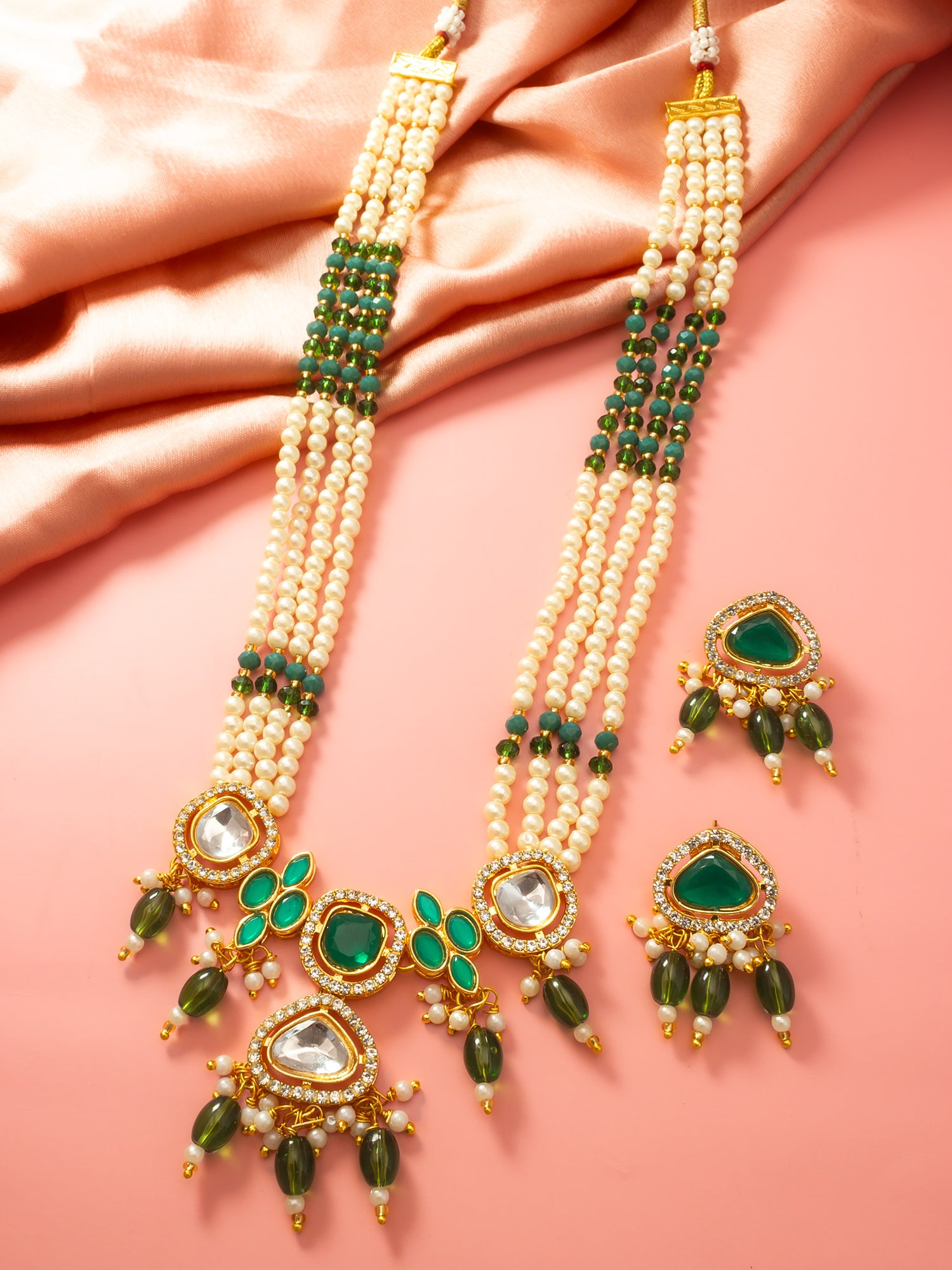 Aadita Gold Plated Long Pearl Necklace Set with Green Stone Pendant and Earrings