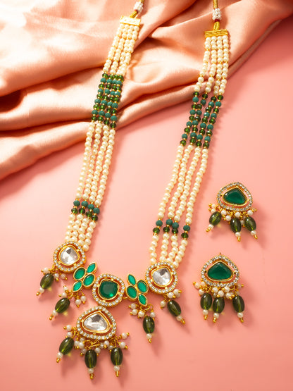 Aadita Gold Plated Long Pearl Necklace Set with Green Stone Pendant and Earrings
