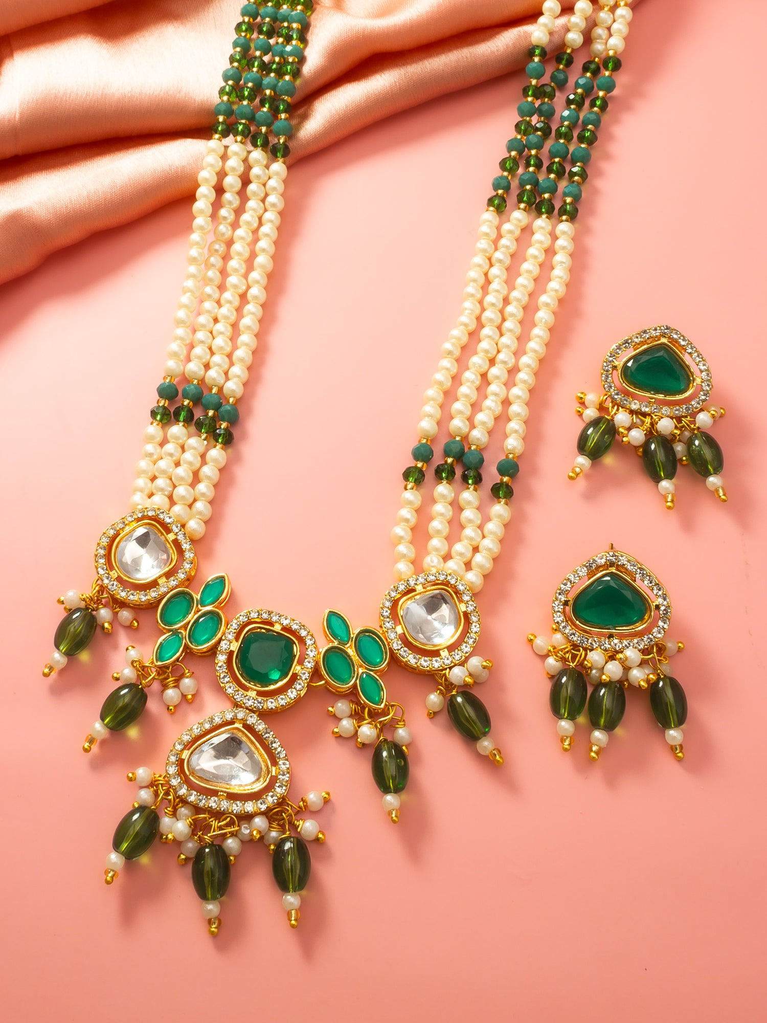 Aadita Gold Plated Long Pearl Necklace Set with Green Stone Pendant and Earrings