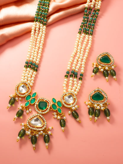 Aadita Gold Plated Long Pearl Necklace Set with Green Stone Pendant and Earrings