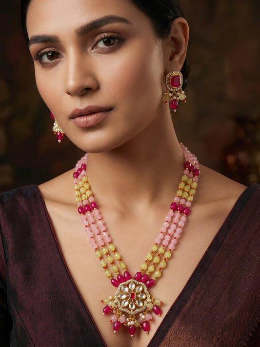 Aadita Pink and Yellow Beaded Multi-Strand Kundan Pendant Necklace Set with Matching Earrings