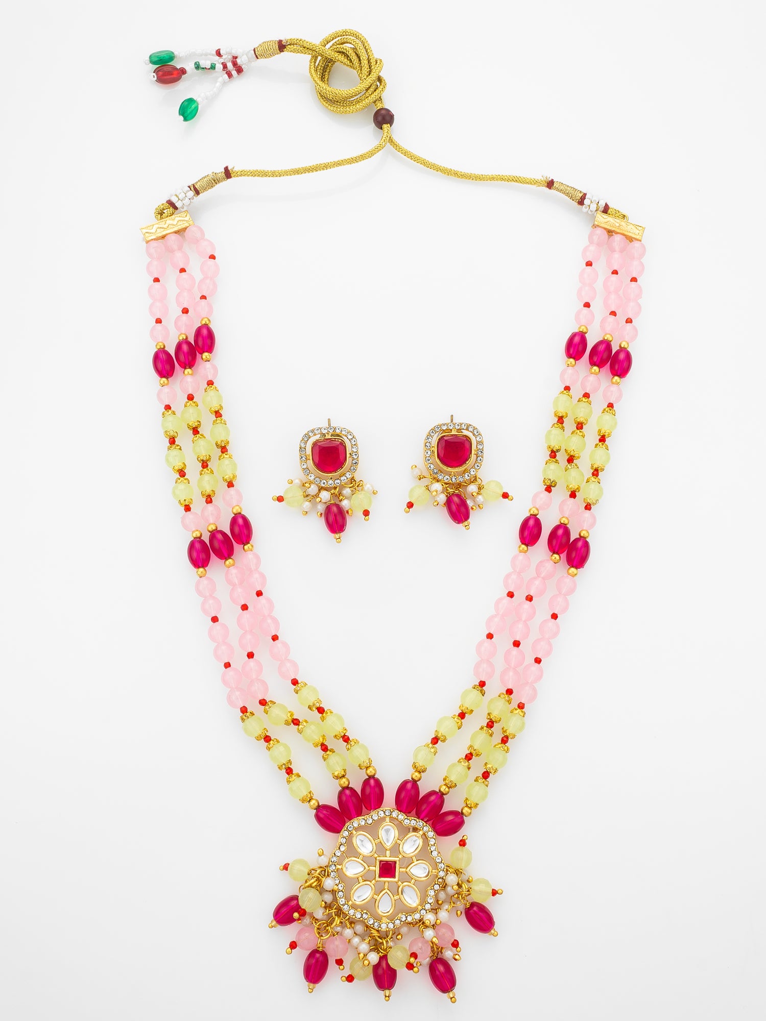 Aadita Pink and Yellow Beaded Multi-Strand Kundan Pendant Necklace Set with Matching Earrings