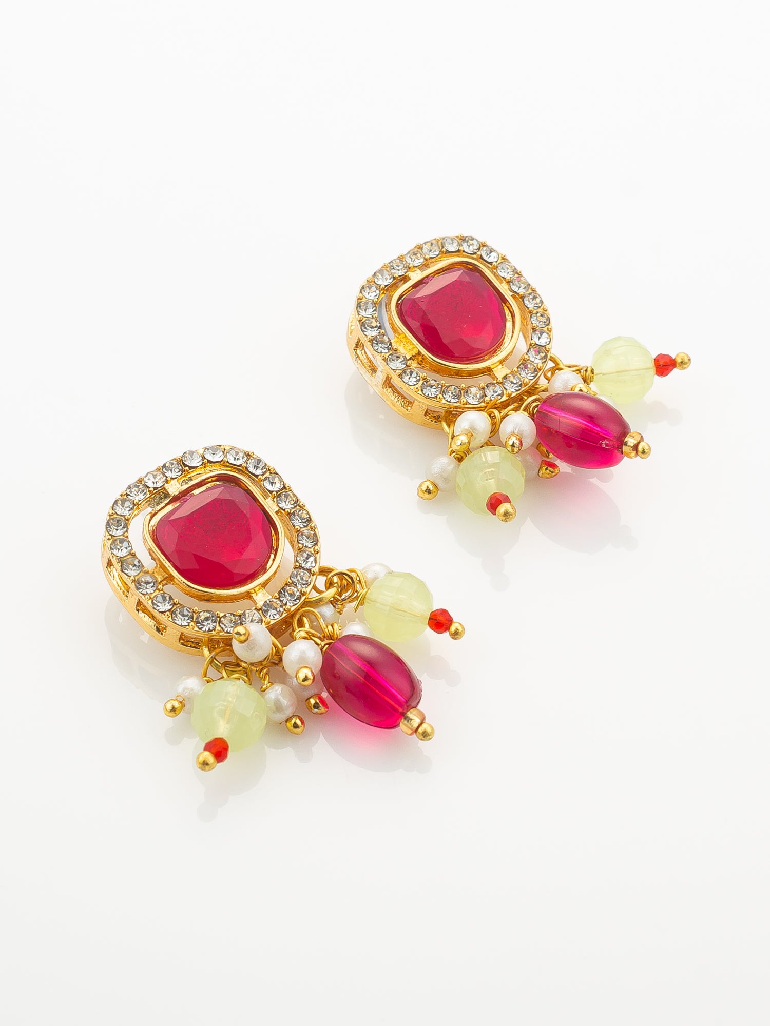 Aadita Pink and Yellow Beaded Multi-Strand Kundan Pendant Necklace Set with Matching Earrings