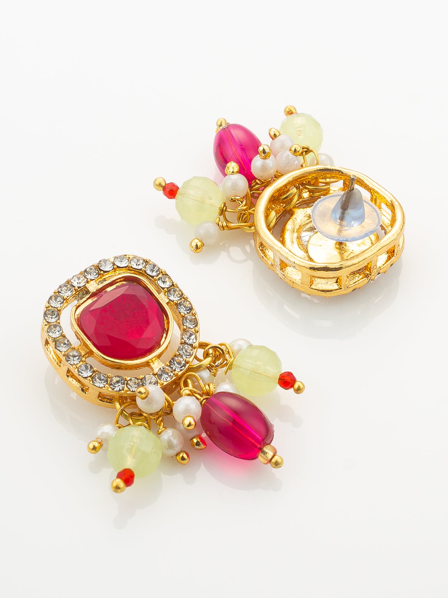 Aadita Pink and Yellow Beaded Multi-Strand Kundan Pendant Necklace Set with Matching Earrings
