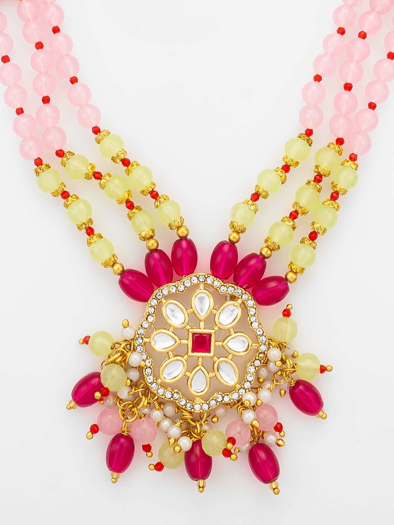 Aadita Pink and Yellow Beaded Multi-Strand Kundan Pendant Necklace Set with Matching Earrings
