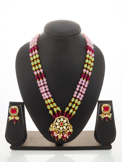 Aadita Pink and Yellow Beaded Multi-Strand Kundan Pendant Necklace Set with Matching Earrings