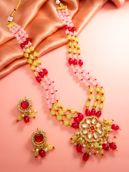 Aadita Pink and Yellow Beaded Multi-Strand Kundan Pendant Necklace Set with Matching Earrings