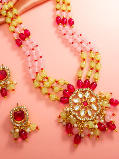Aadita Pink and Yellow Beaded Multi-Strand Kundan Pendant Necklace Set with Matching Earrings