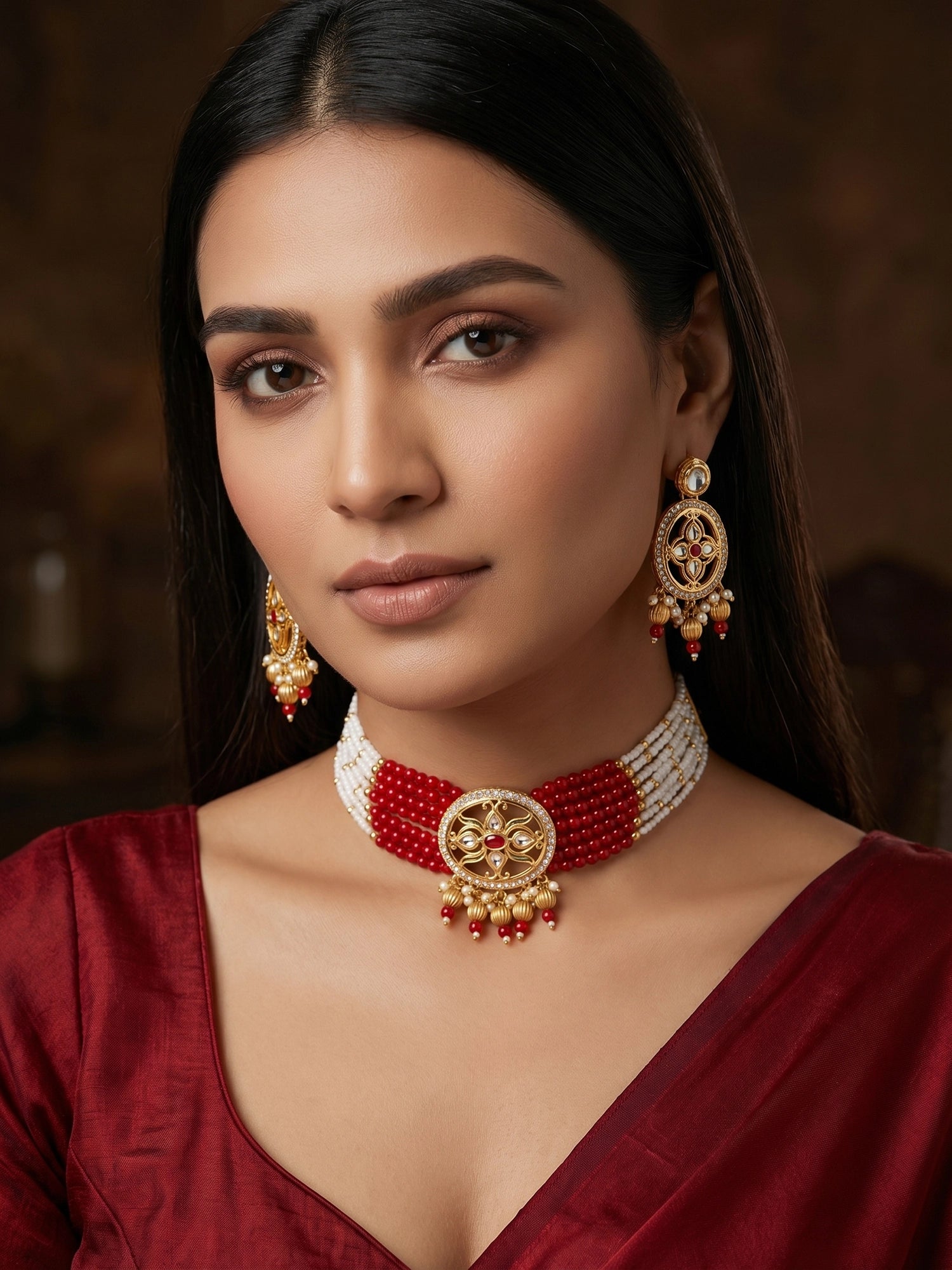 Aadita Red & White Beaded Kundan Choker Necklace Set with Matching Earrings