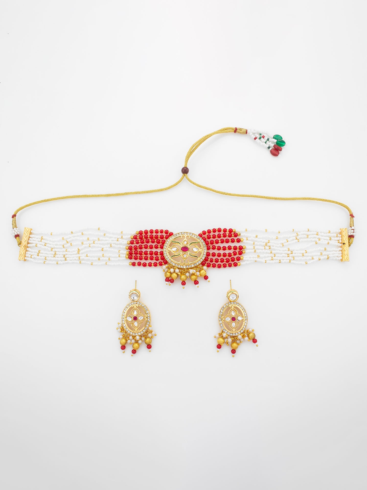 Aadita Red & White Beaded Kundan Choker Necklace Set with Matching Earrings