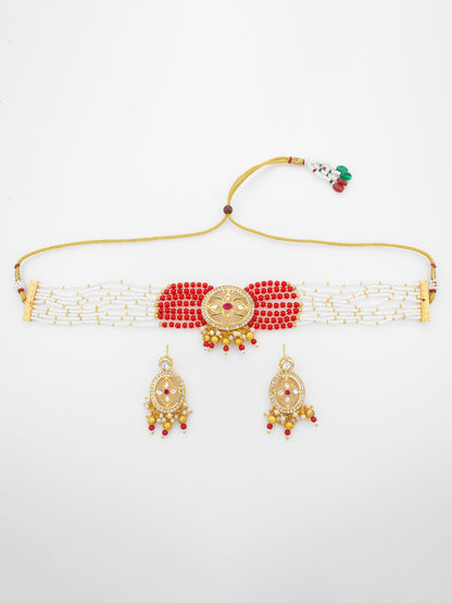 Aadita Red & White Beaded Kundan Choker Necklace Set with Matching Earrings