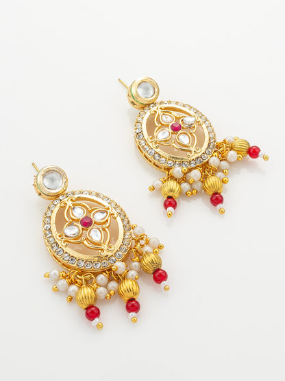 Aadita Red & White Beaded Kundan Choker Necklace Set with Matching Earrings