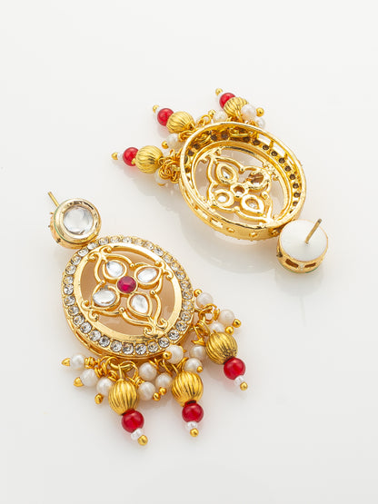 Aadita Red & White Beaded Kundan Choker Necklace Set with Matching Earrings