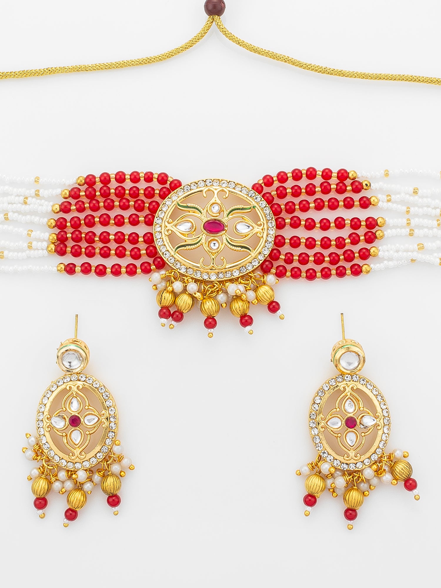 Aadita Red & White Beaded Kundan Choker Necklace Set with Matching Earrings