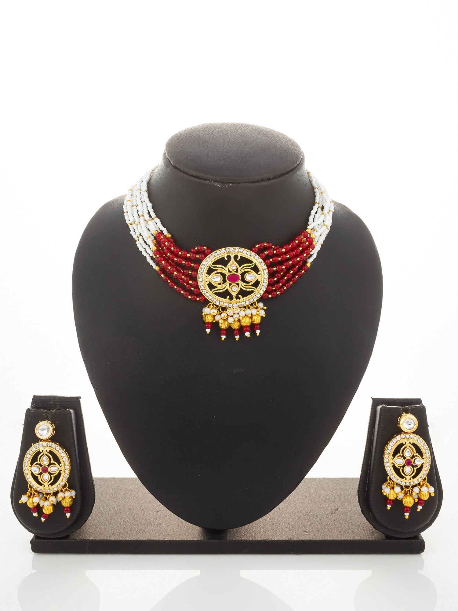 Aadita Red & White Beaded Kundan Choker Necklace Set with Matching Earrings
