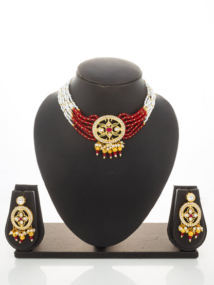 Aadita Red & White Beaded Kundan Choker Necklace Set with Matching Earrings
