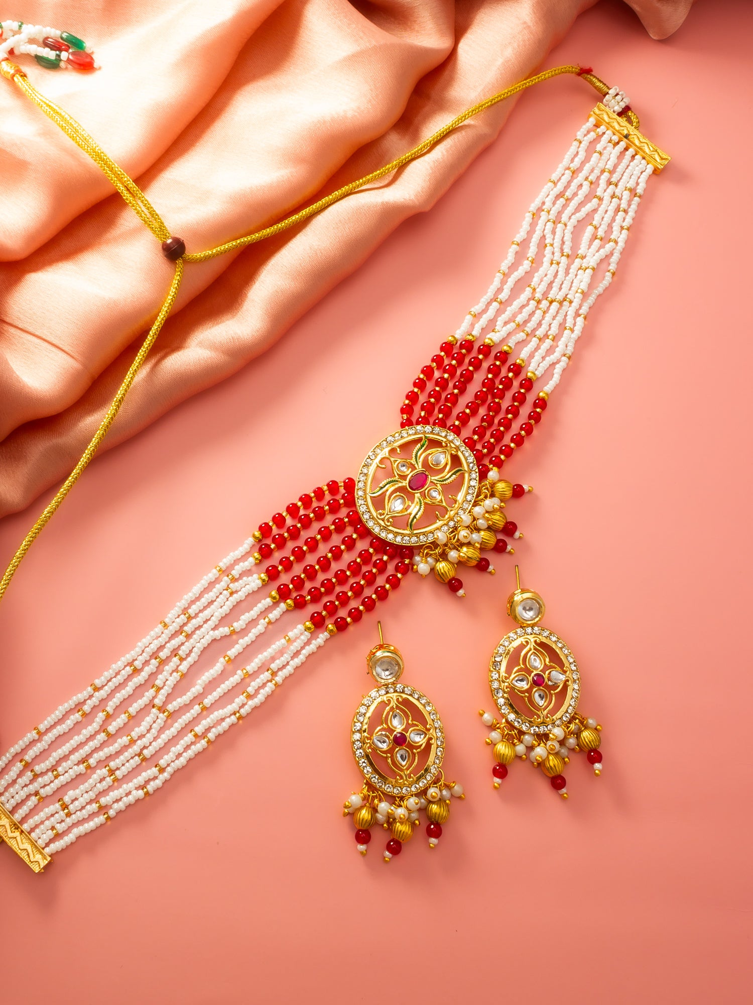 Aadita Red & White Beaded Kundan Choker Necklace Set with Matching Earrings