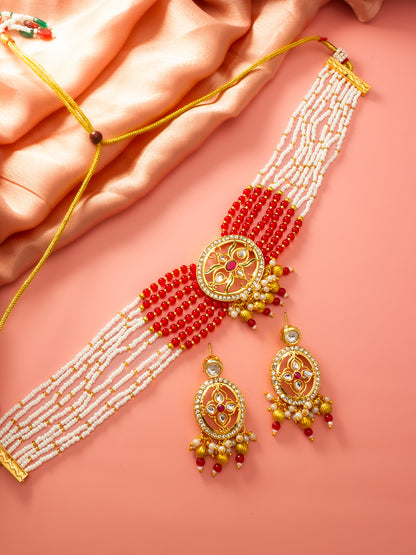 Aadita Red & White Beaded Kundan Choker Necklace Set with Matching Earrings