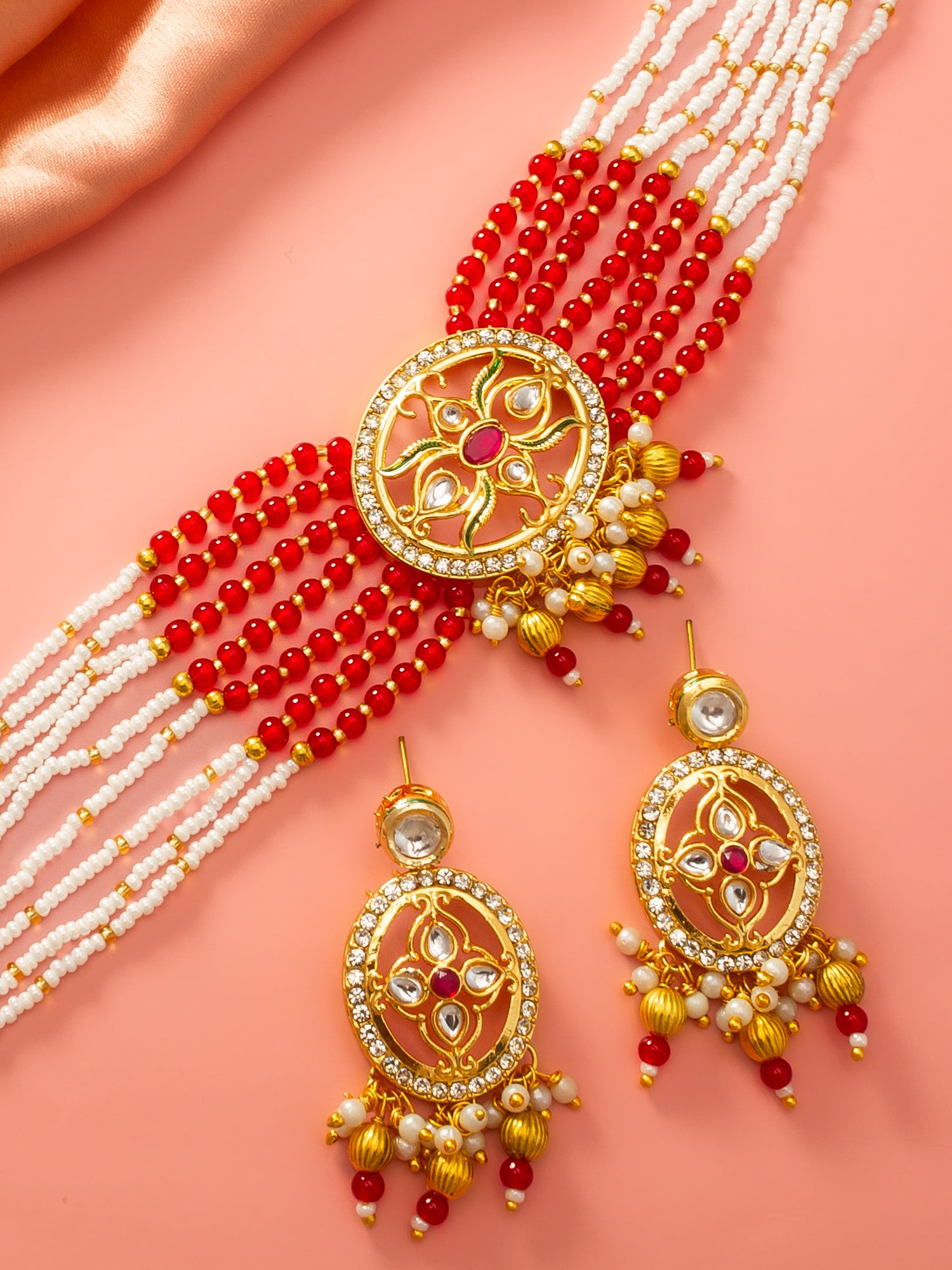 Aadita Red & White Beaded Kundan Choker Necklace Set with Matching Earrings
