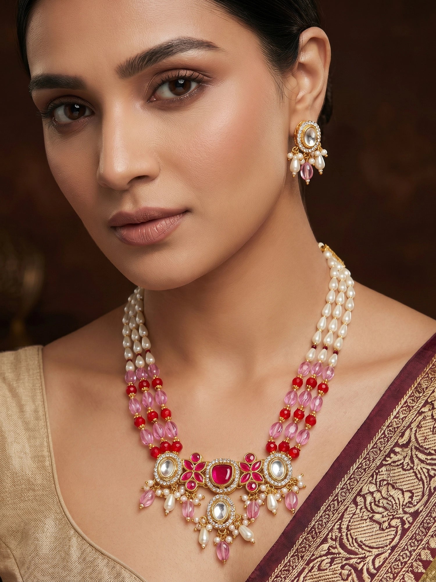 Aadita Pink & Red Long Necklace Set with Pearl Drops and Stud Earrings
