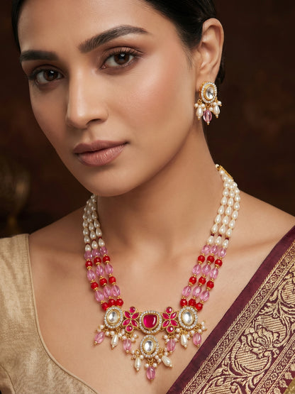 Aadita Pink & Red Long Necklace Set with Pearl Drops and Stud Earrings