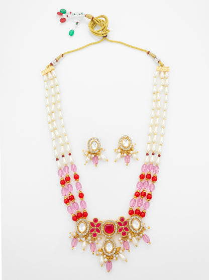 Aadita Pink & Red Long Necklace Set with Pearl Drops and Stud Earrings