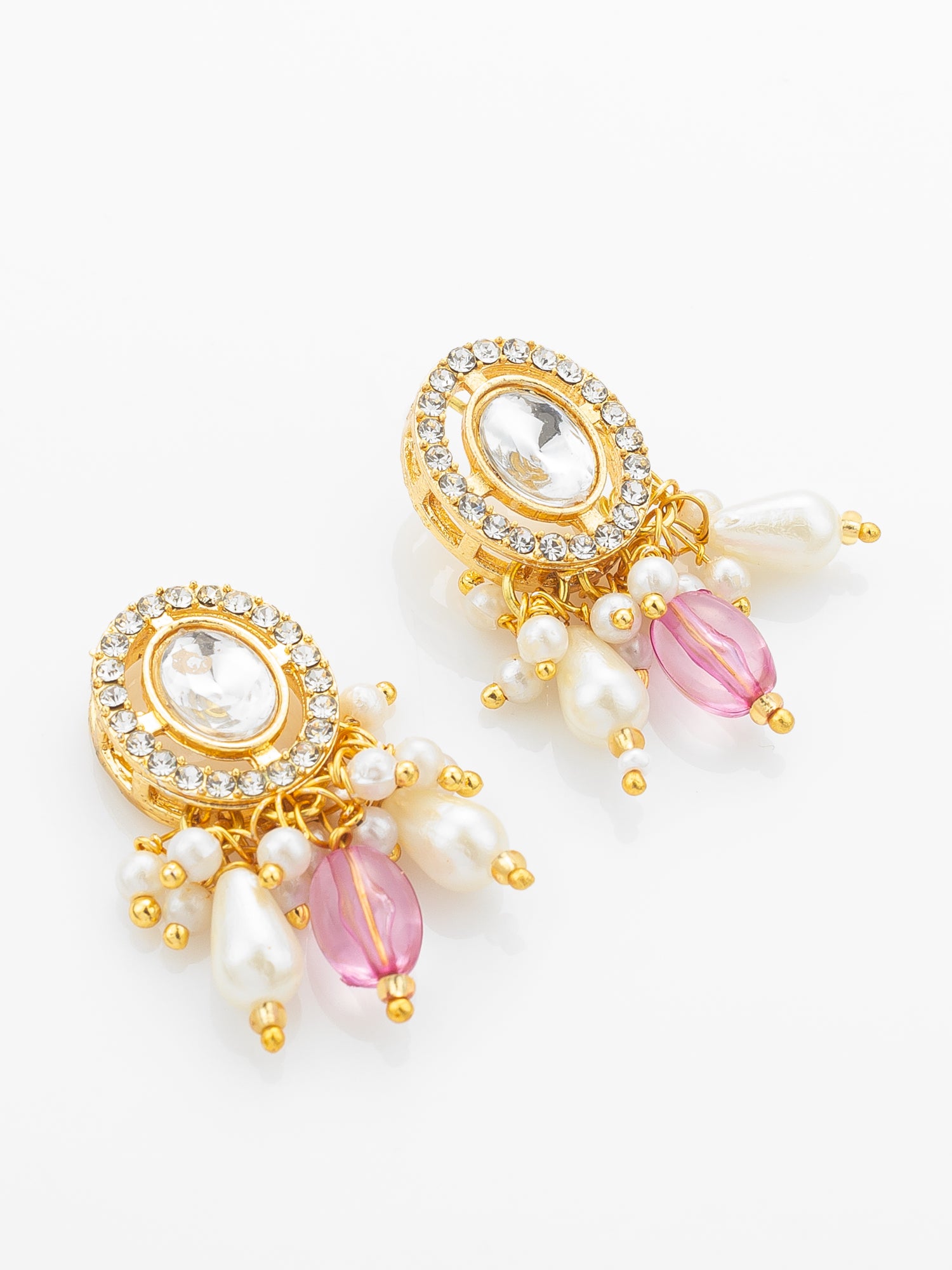 Aadita Pink & Red Long Necklace Set with Pearl Drops and Stud Earrings