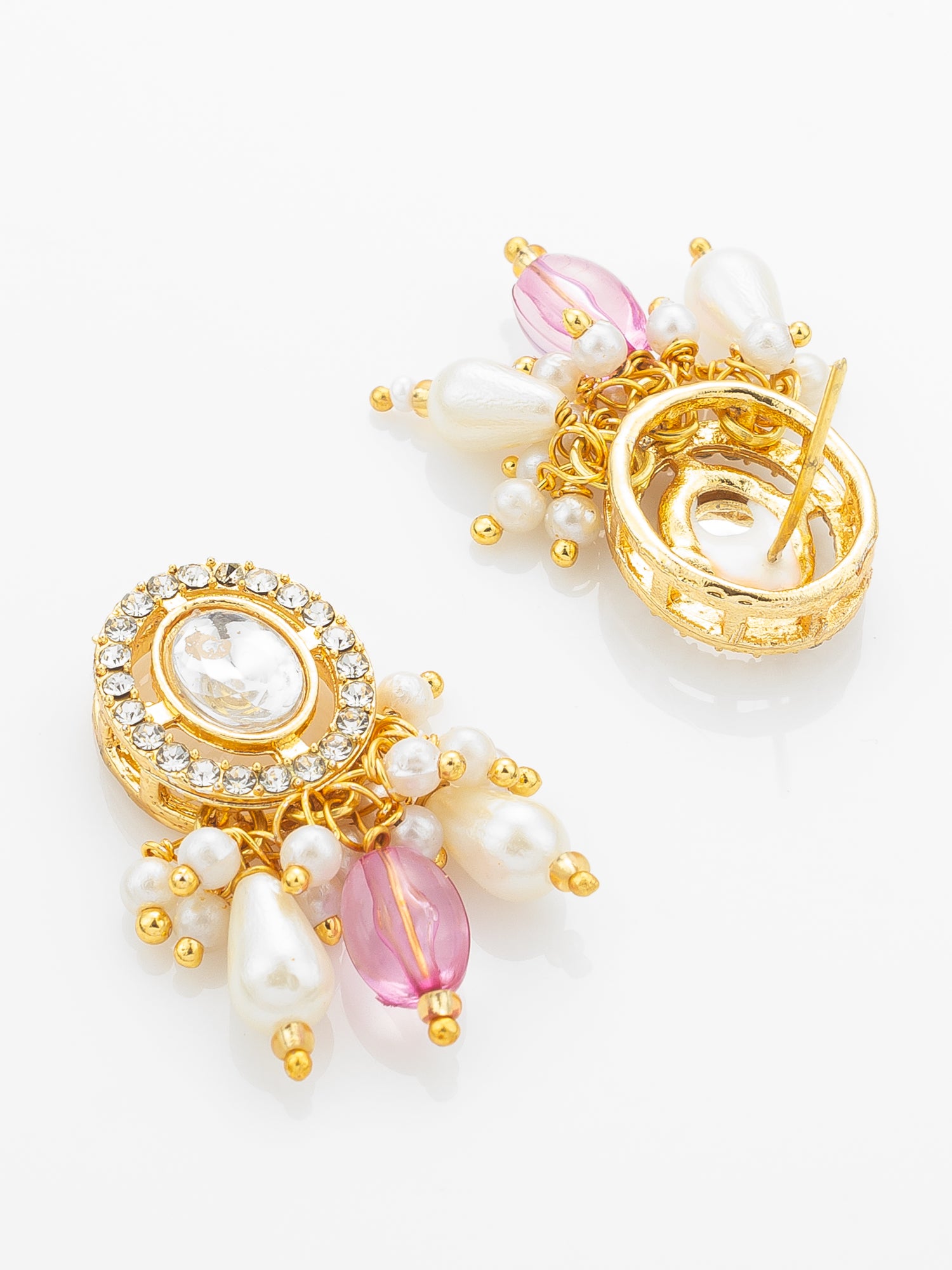 Aadita Pink & Red Long Necklace Set with Pearl Drops and Stud Earrings