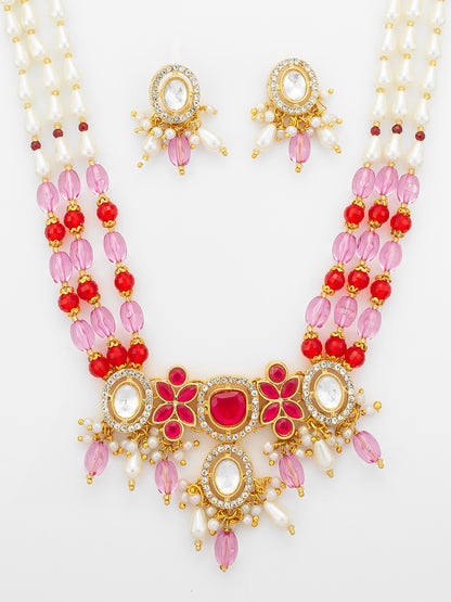 Aadita Pink & Red Long Necklace Set with Pearl Drops and Stud Earrings