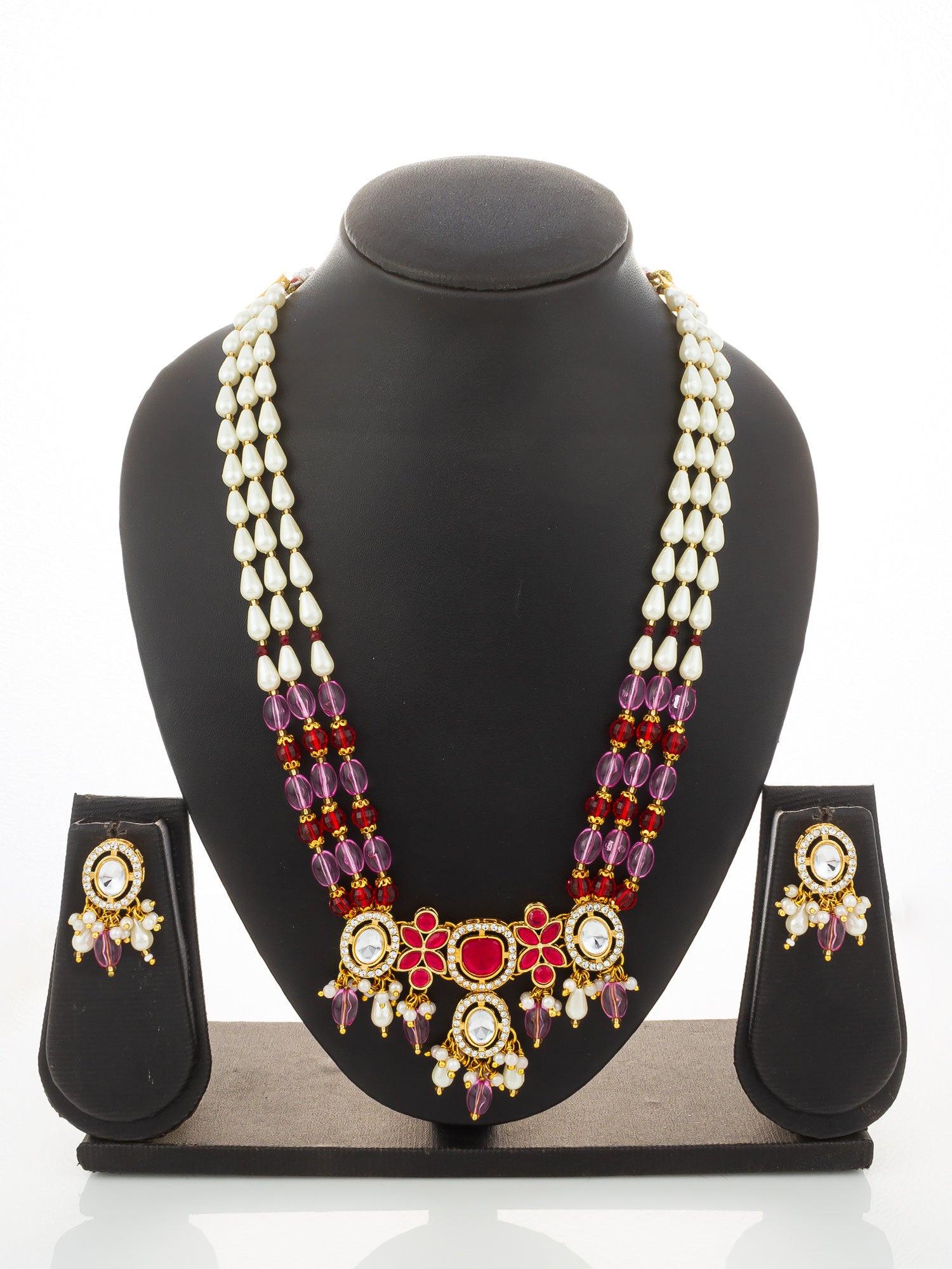 Aadita Pink & Red Long Necklace Set with Pearl Drops and Stud Earrings