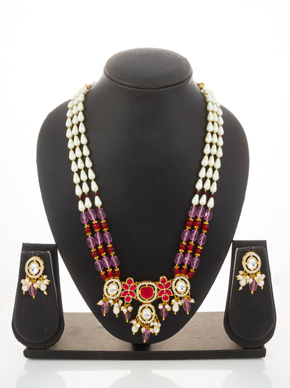 Aadita Pink & Red Long Necklace Set with Pearl Drops and Stud Earrings