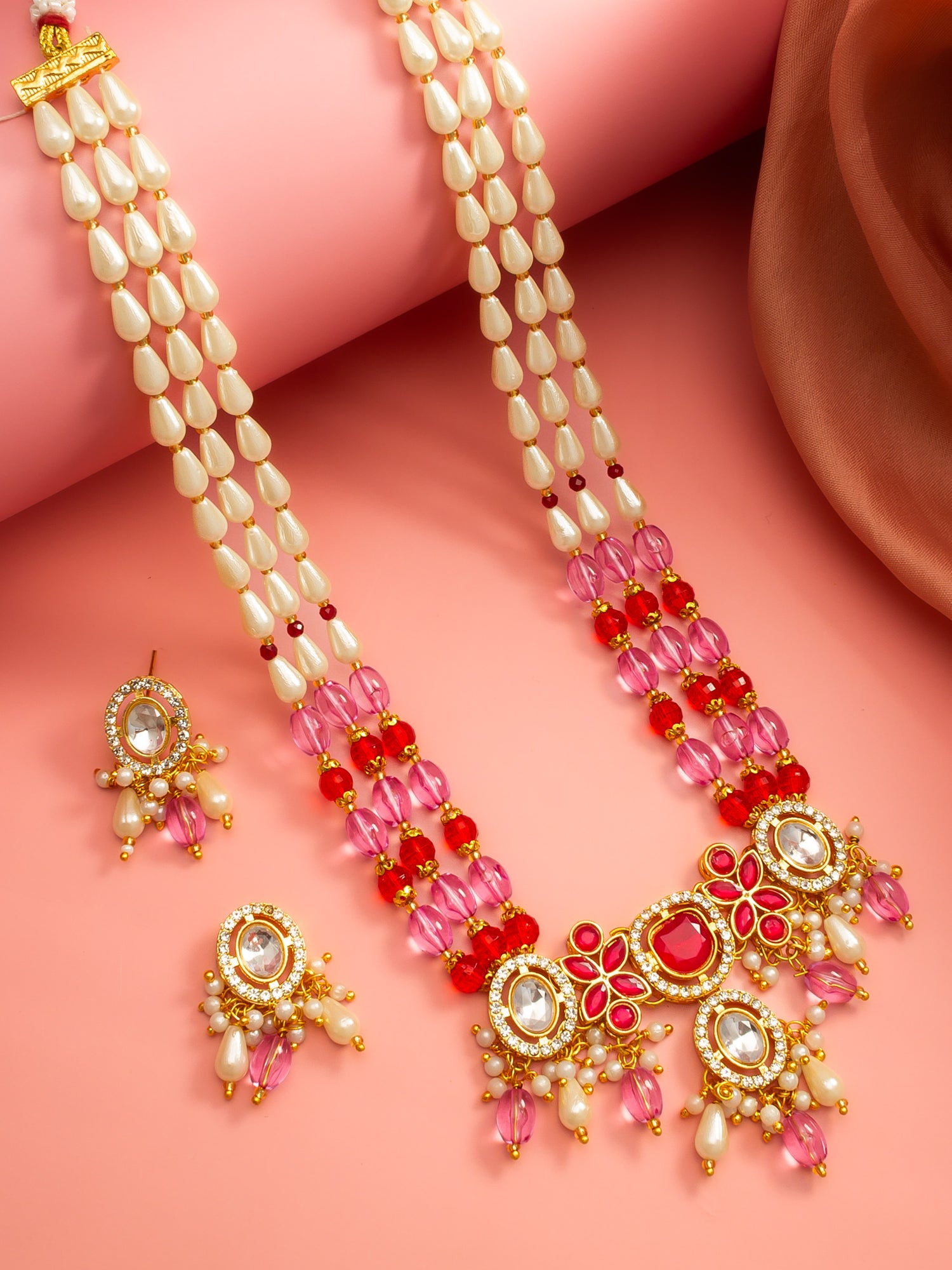Aadita Pink & Red Long Necklace Set with Pearl Drops and Stud Earrings