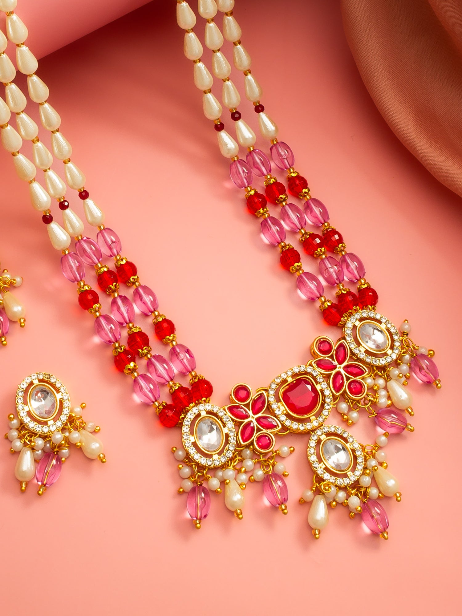 Aadita Pink & Red Long Necklace Set with Pearl Drops and Stud Earrings