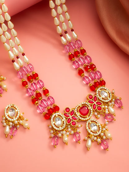 Aadita Pink & Red Long Necklace Set with Pearl Drops and Stud Earrings