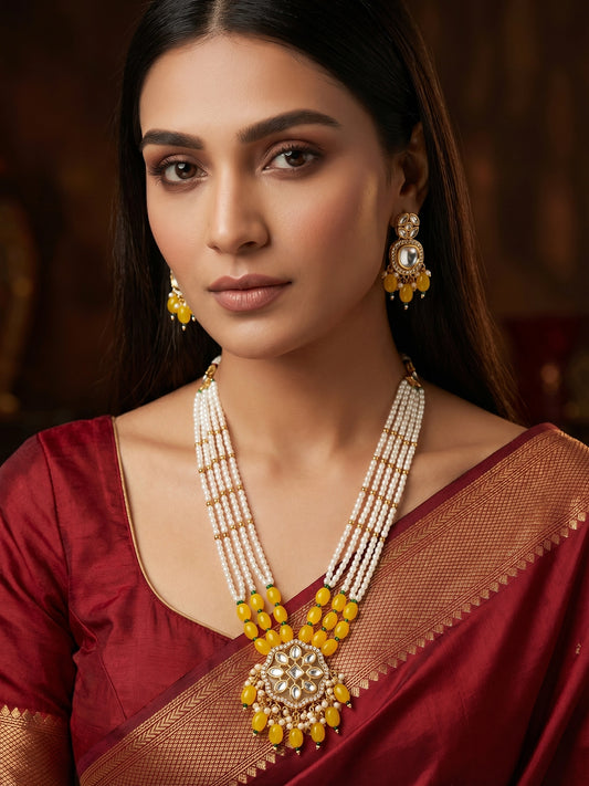 Aadita Yellow Beaded Kundan Long Necklace Set with Chandbali-Style Earrings