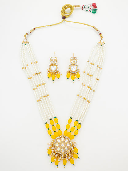 Aadita Yellow Beaded Kundan Long Necklace Set with Chandbali-Style Earrings