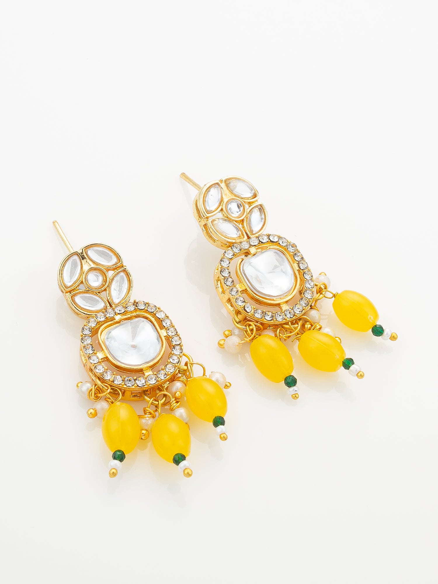 Aadita Yellow Beaded Kundan Long Necklace Set with Chandbali-Style Earrings