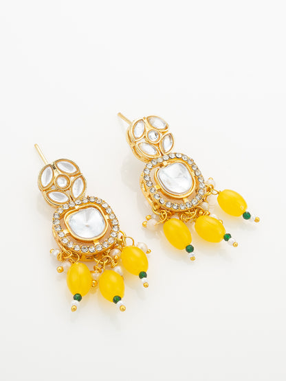 Aadita Yellow Beaded Kundan Long Necklace Set with Chandbali-Style Earrings