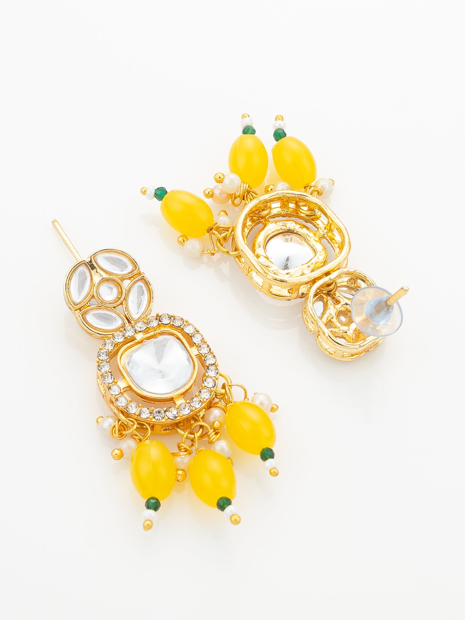 Aadita Yellow Beaded Kundan Long Necklace Set with Chandbali-Style Earrings