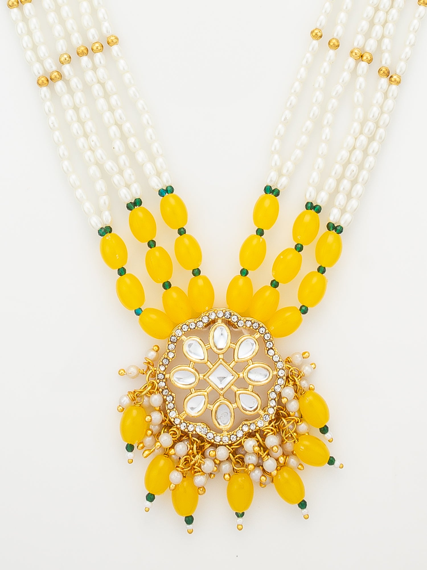 Aadita Yellow Beaded Kundan Long Necklace Set with Chandbali-Style Earrings