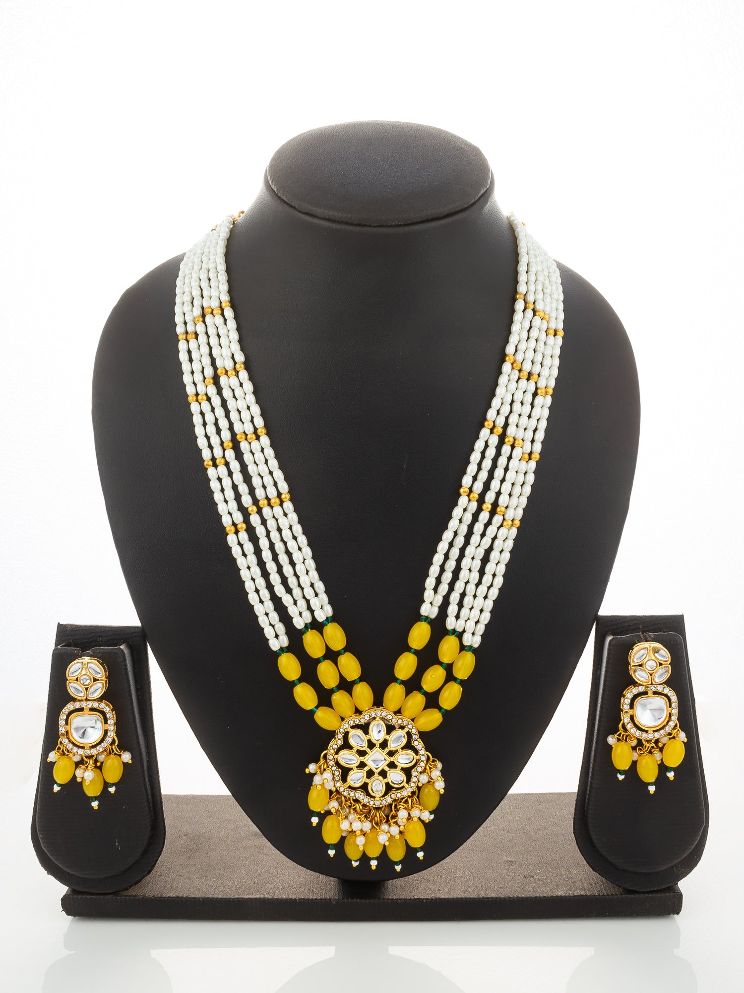 Aadita Yellow Beaded Kundan Long Necklace Set with Chandbali-Style Earrings