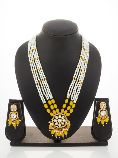 Aadita Yellow Beaded Kundan Long Necklace Set with Chandbali-Style Earrings