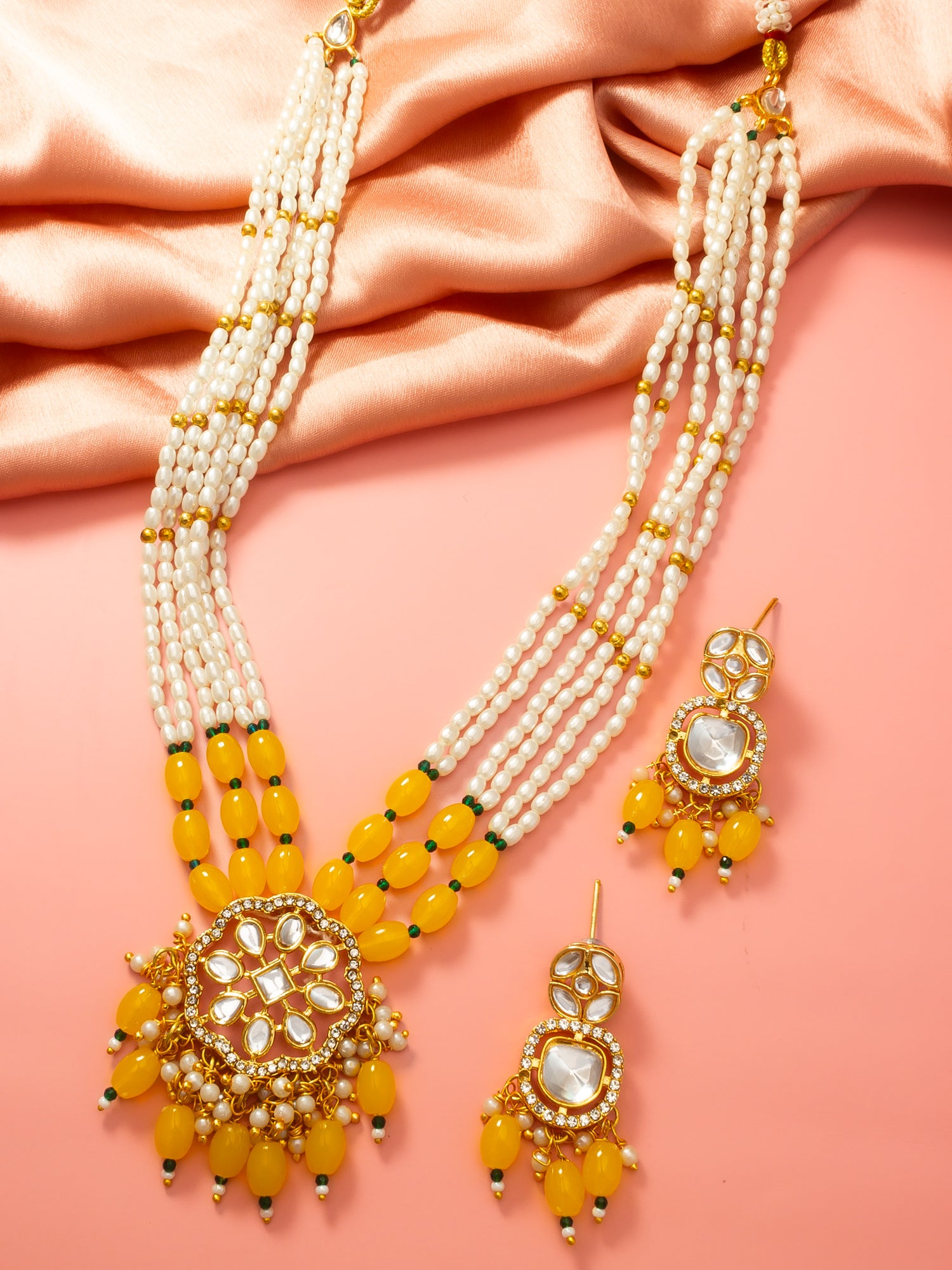 Aadita Yellow Beaded Kundan Long Necklace Set with Chandbali-Style Earrings