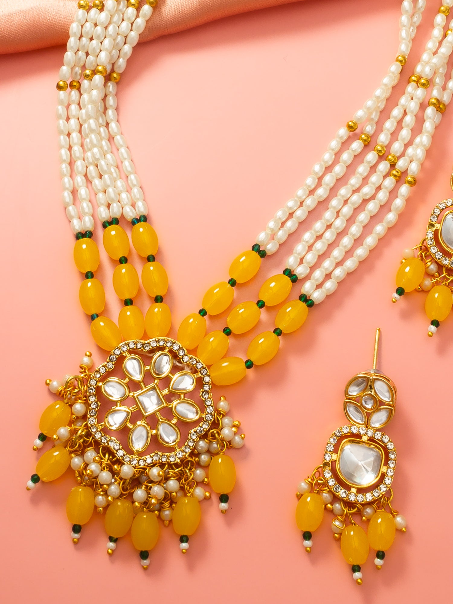 Aadita Yellow Beaded Kundan Long Necklace Set with Chandbali-Style Earrings