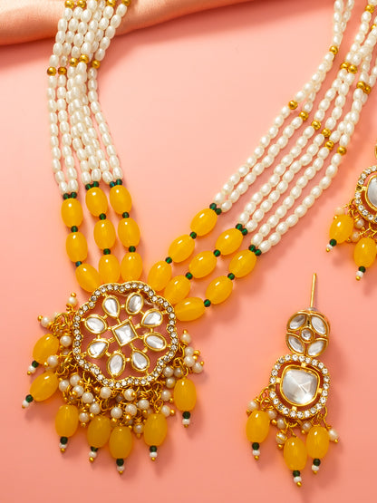 Aadita Yellow Beaded Kundan Long Necklace Set with Chandbali-Style Earrings