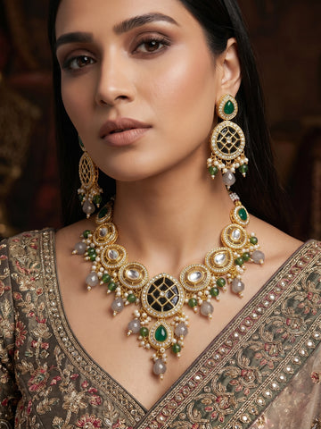 Aadita Green & Grey Necklace Set with Lattice Pendant and Drop Earrings