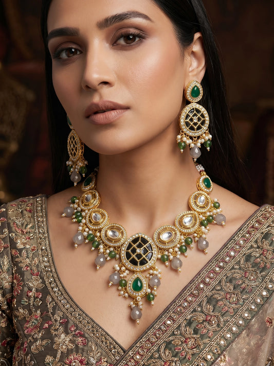 Aadita Green & Grey Necklace Set with Lattice Pendant and Drop Earrings